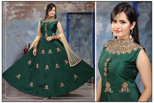 "Graceful Green: Ethnic Party Wear Gown by Tanu Shop India"