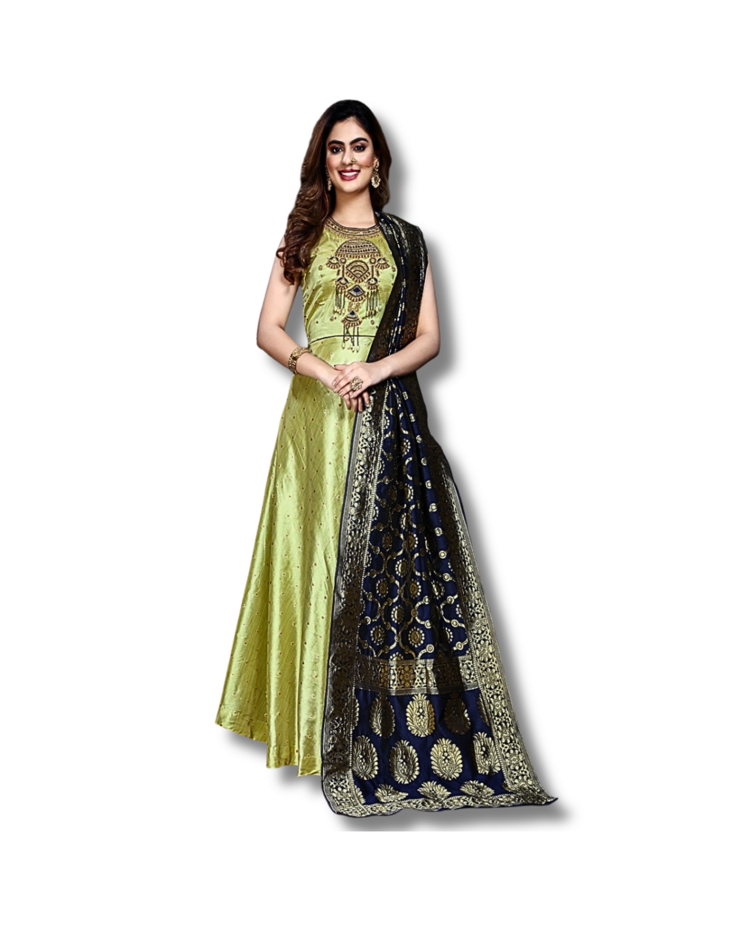 "Verde Royale: Green Bamboo Silk Ethnic Gown for Women"