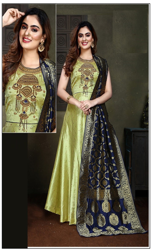 "Verde Royale: Green Bamboo Silk Ethnic Gown for Women"