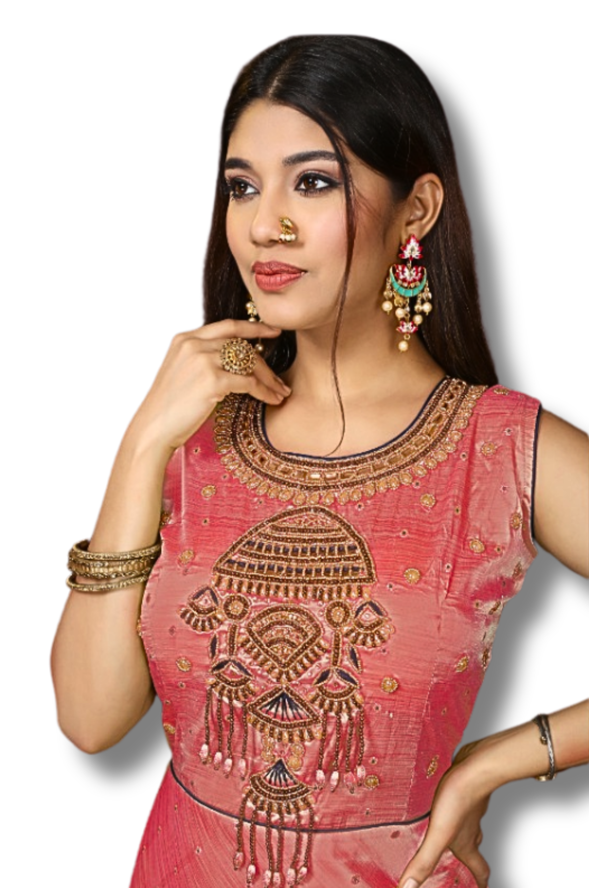 "Ethereal Elegance: Pink Silk Gown with Blue Banarasi Dupatta from Tanu Shop India"