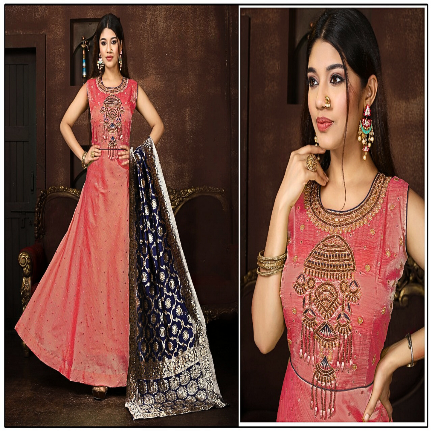 "Ethereal Elegance: Pink Silk Gown with Blue Banarasi Dupatta from Tanu Shop India"