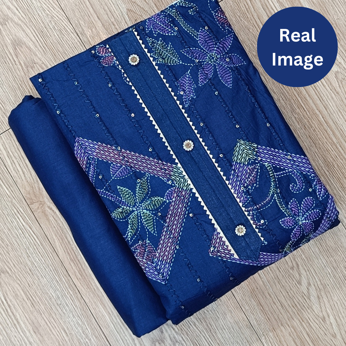 Navy Blue Cotton Printed Unstitched Dress Material for Women - Tanu Shop India