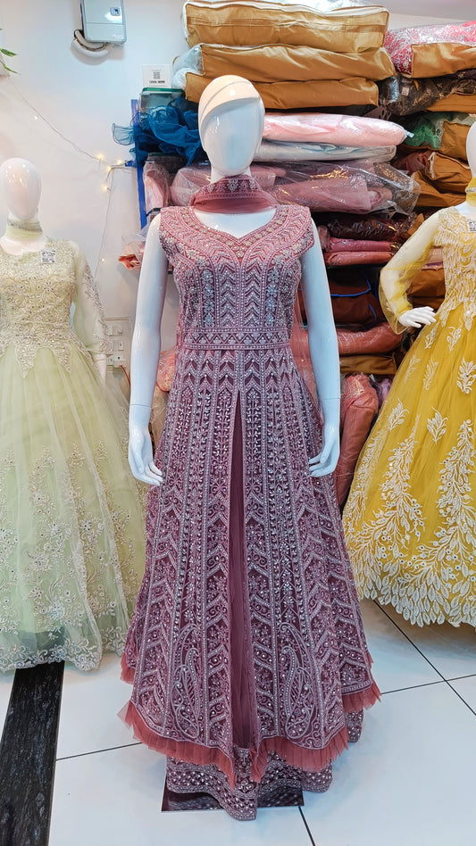 "Pink Petal Perfection: Net Gown Elegance from Tanu Shop India"