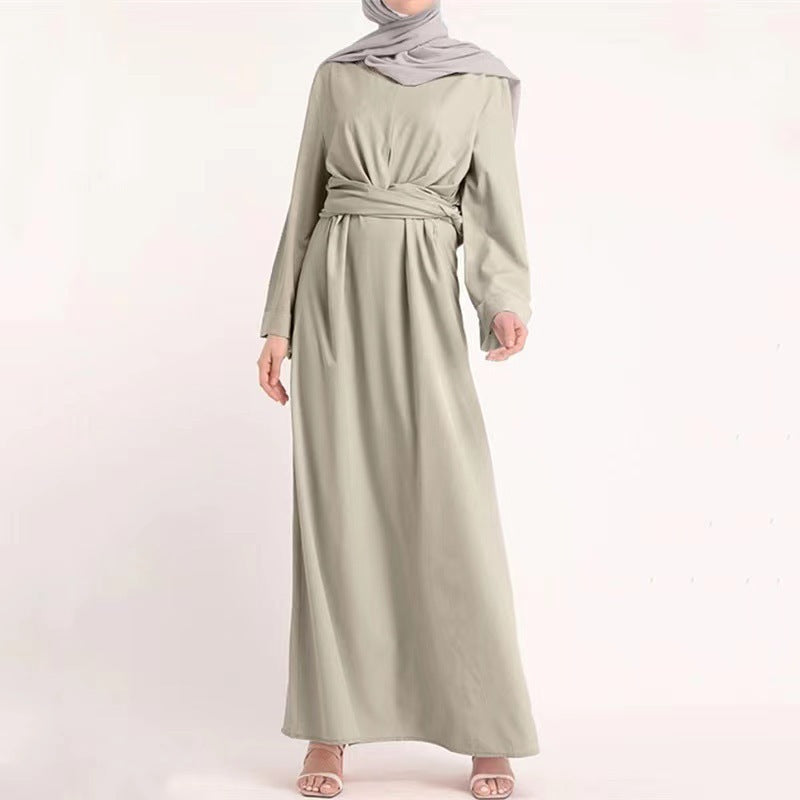 2023 Fangyou Clothing Cross-border Women's Clothing Middle East Dubai Arabian Robe Solid Color Belted Waist Long Dress