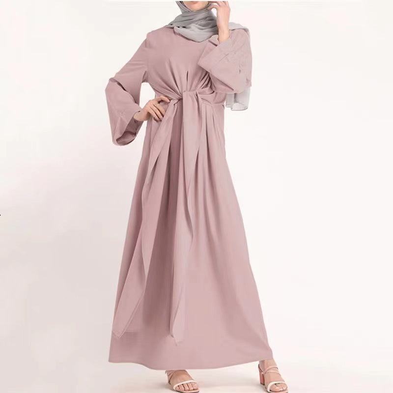 2023 Fangyou Clothing Cross-border Women's Clothing Middle East Dubai Arabian Robe Solid Color Belted Waist Long Dress