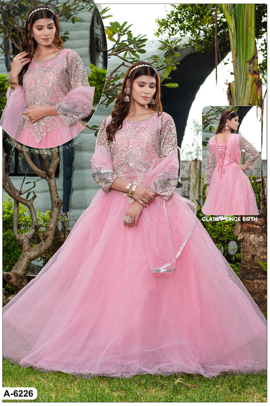 "Luxurious Pink Net Gown with Dupatta, Full Handwork Sleeves, Choli-Style Stone Embellished Neckline - Size L"