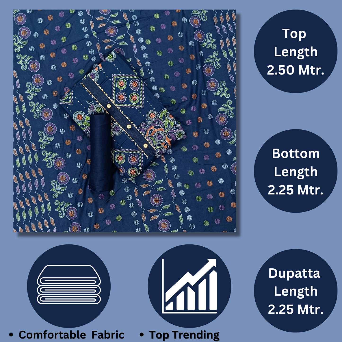 Navy Blue Cotton Printed Unstitched Dress Material for Women - Tanu Shop India